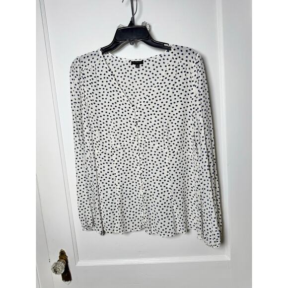 Talbots White Navy Polka Dot V-neck Button Down Blouse Top Size 12 Workwear - Picture 1 of 7